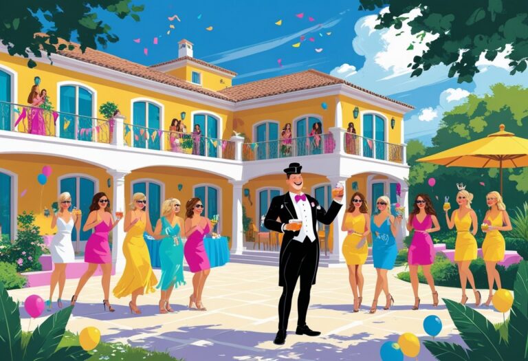 A group of women enjoying a hen do party at a villa with a butler serving drinks outdoors.