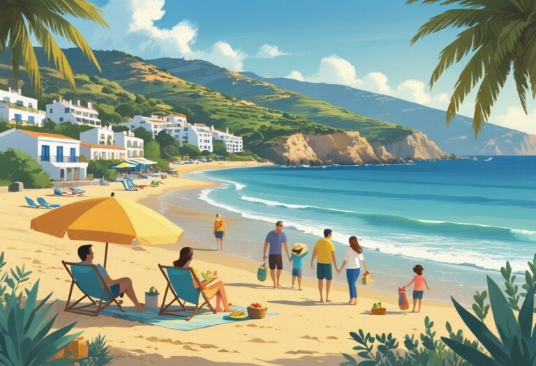 A sunny beach scene on Costa del Sol with people enjoying a budget-friendly holiday, including a couple on beach chairs, a family picnic, and local market stalls near modest seaside buildings.