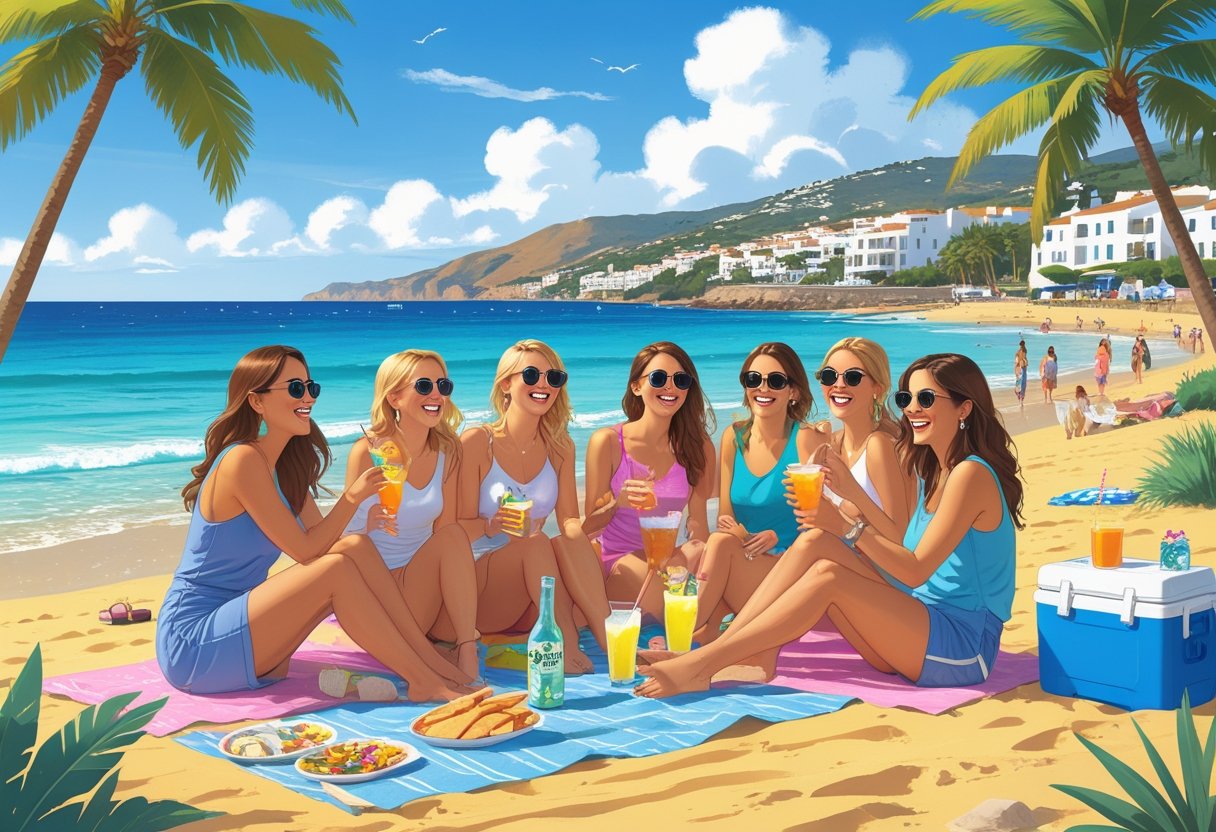 A group of women enjoying a budget-friendly hen do on a sunny beach with palm trees and the sea in the background.
