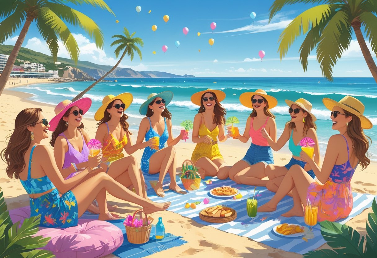 A group of women celebrating a hen party on a sunny beach with palm trees and a picnic setup nearby.