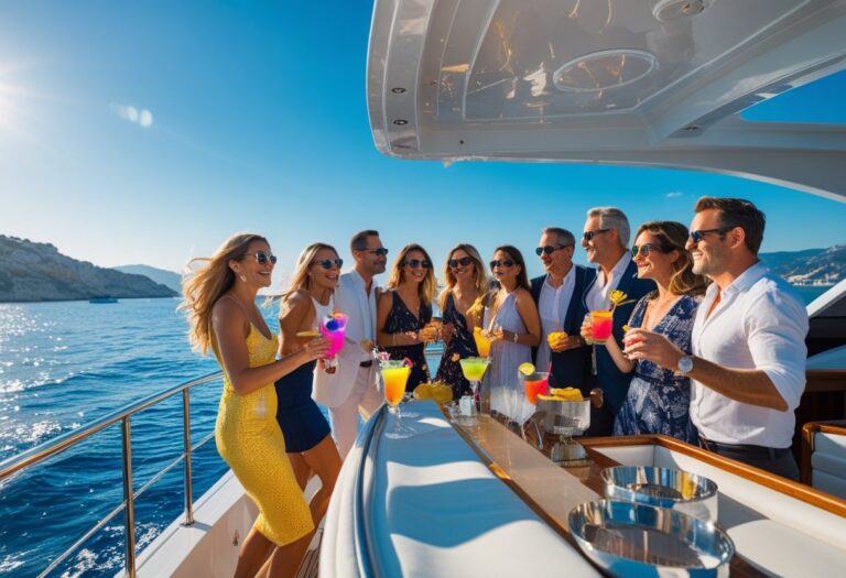 People enjoying a boat party on a yacht with drinks and sunshine near the Marbella coastline.