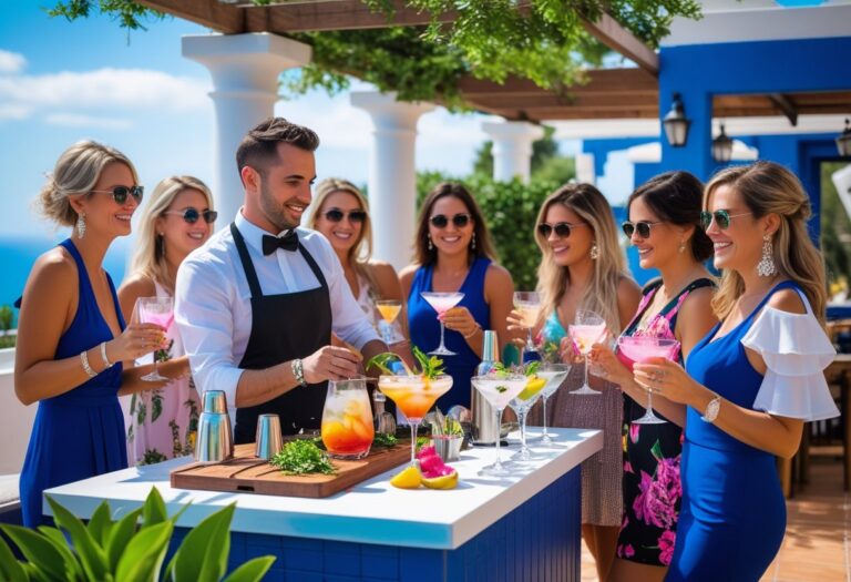 A group of women enjoying a cocktail making class outdoors on a sunny terrace with a bartender demonstrating how to mix drinks.