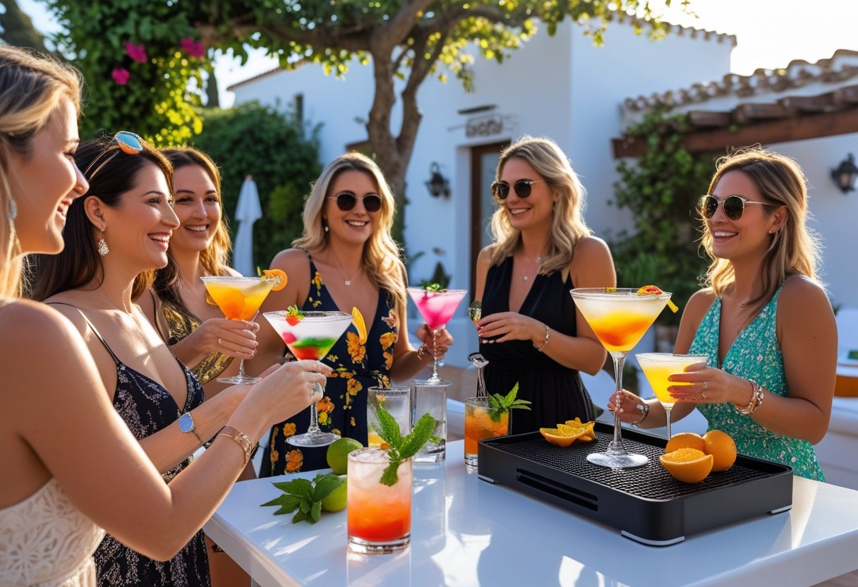 A group of women enjoying a mobile cocktail making class outdoors on a sunny terrace in Marbella, with a mixologist preparing drinks and everyone smiling and participating.