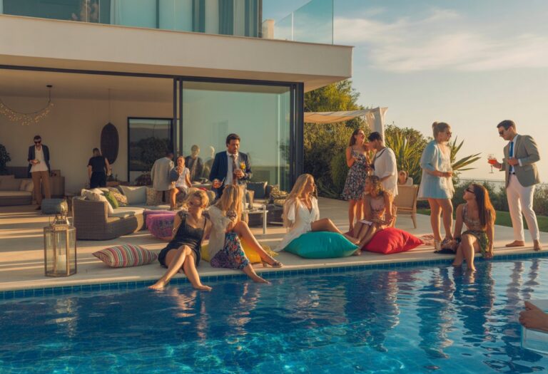 A group of people enjoying a pool party at a private villa in Marbella during late afternoon.