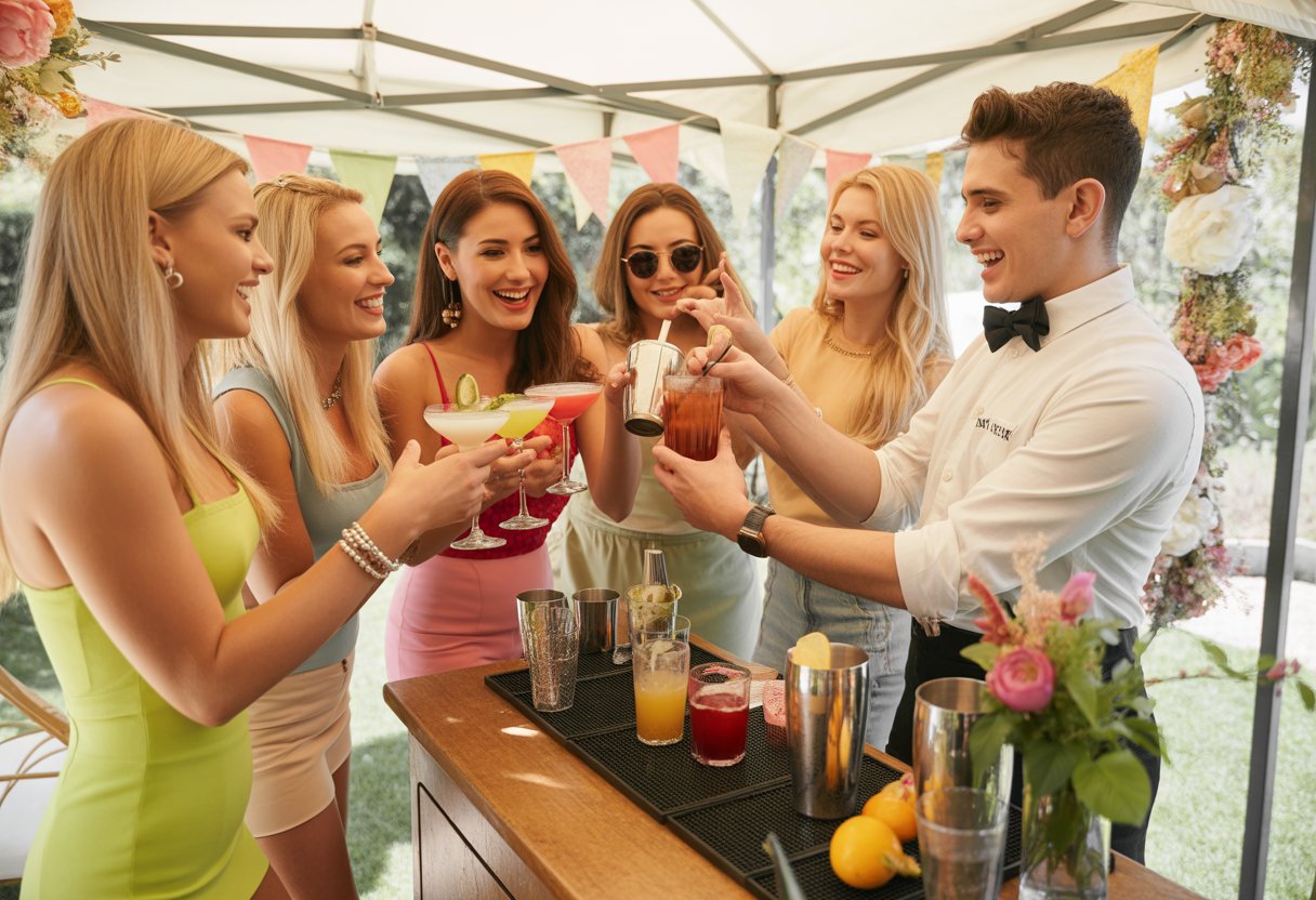 A group of women enjoying a cocktail masterclass outdoors, mixing drinks and smiling around a portable bar during a hen weekend celebration.