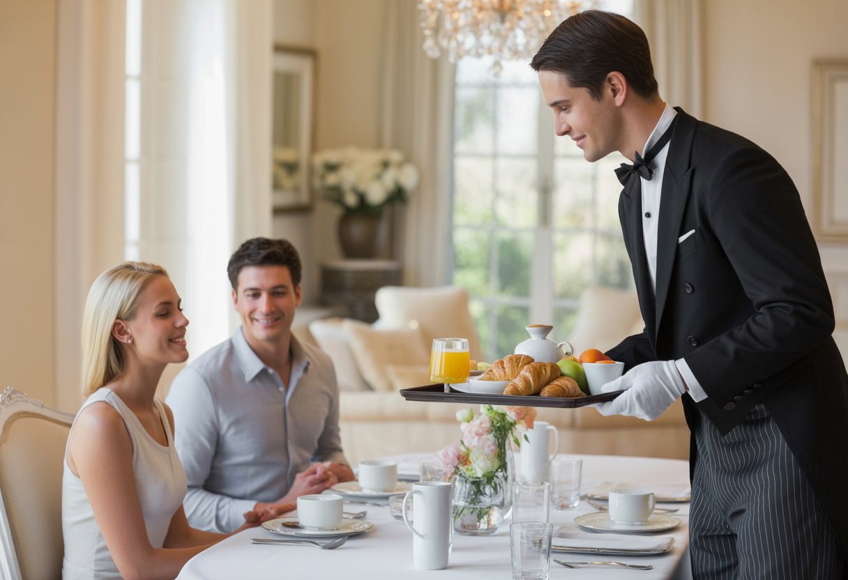 A butler serving a breakfast tray to a couple seated at a dining table in a bright, elegant home dining room.