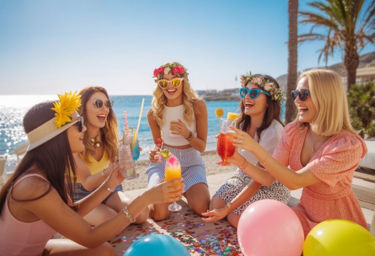 A group of women celebrating a hen do outdoors near the sea with palm trees and a beach resort in the background.