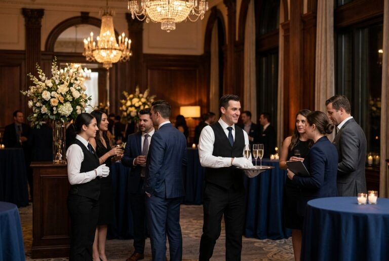 Staff in elegant uniforms serving guests at a luxurious private event with sophisticated décor and well-dressed attendees.