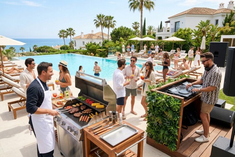 A sunny outdoor pool party with a chef grilling food and a DJ playing music while guests relax and enjoy drinks by the pool.